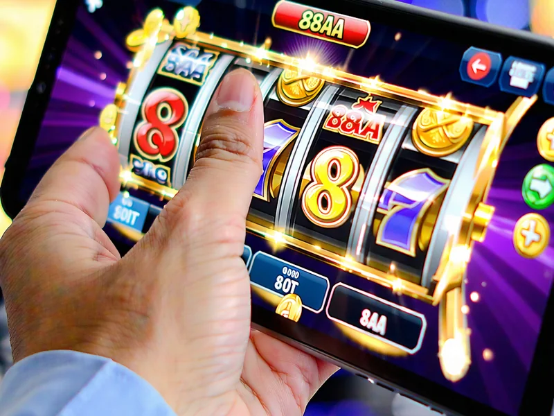 Một người đang chơi Slot game trên điện thoại di động với giao diện thân thiện, thể hiện khả năng chơi game mượt mà trên mọi thiết bị