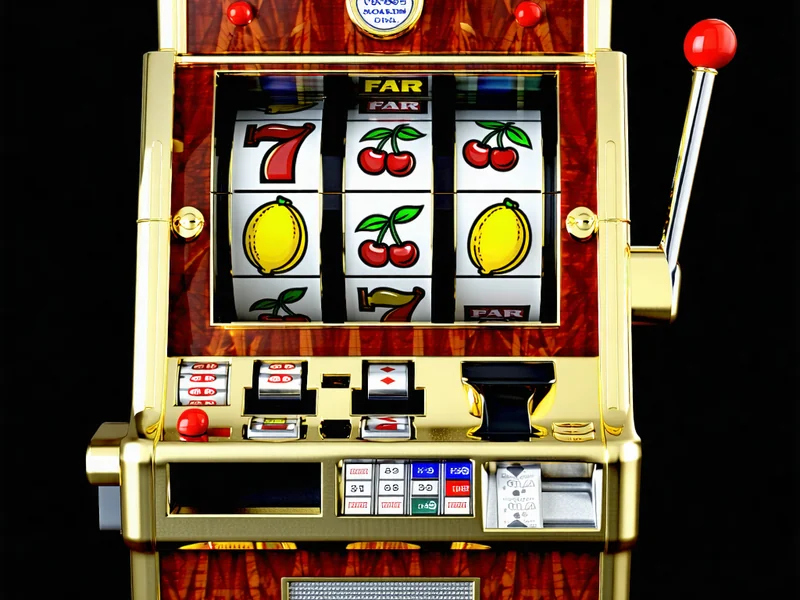 Hình ảnh một máy Slot cổ điển với ba cuộn và các biểu tượng trái cây, chuông, số 7 may mắn